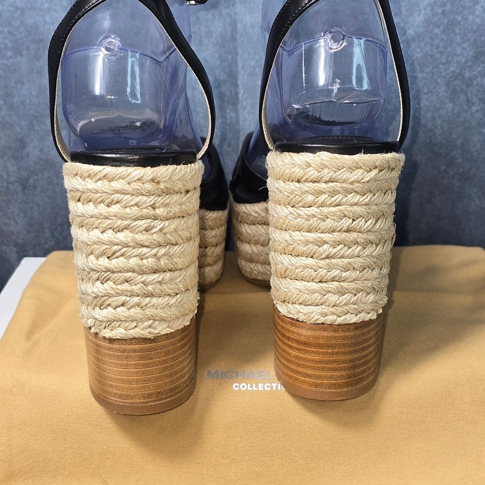 NWB Michael Kors Silvana Runway Wedge Sandals Black Leather Espadrille 8.5 - Picture 3 of 8